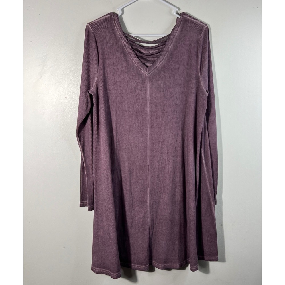 Womens Easel Ribbed Swing Dress Laced Back Neck Purple L Cotton Polyester‎ - Picture 2 of 10